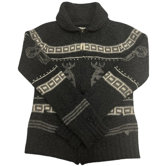 Vintage TNA Wool Cowichan Cardigan Reindeer Geometric Knit Sz L Lambswool - Picture 1 of 8